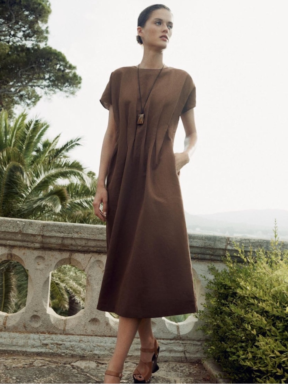 Zara Brown Midi Dress with Front Pleats
